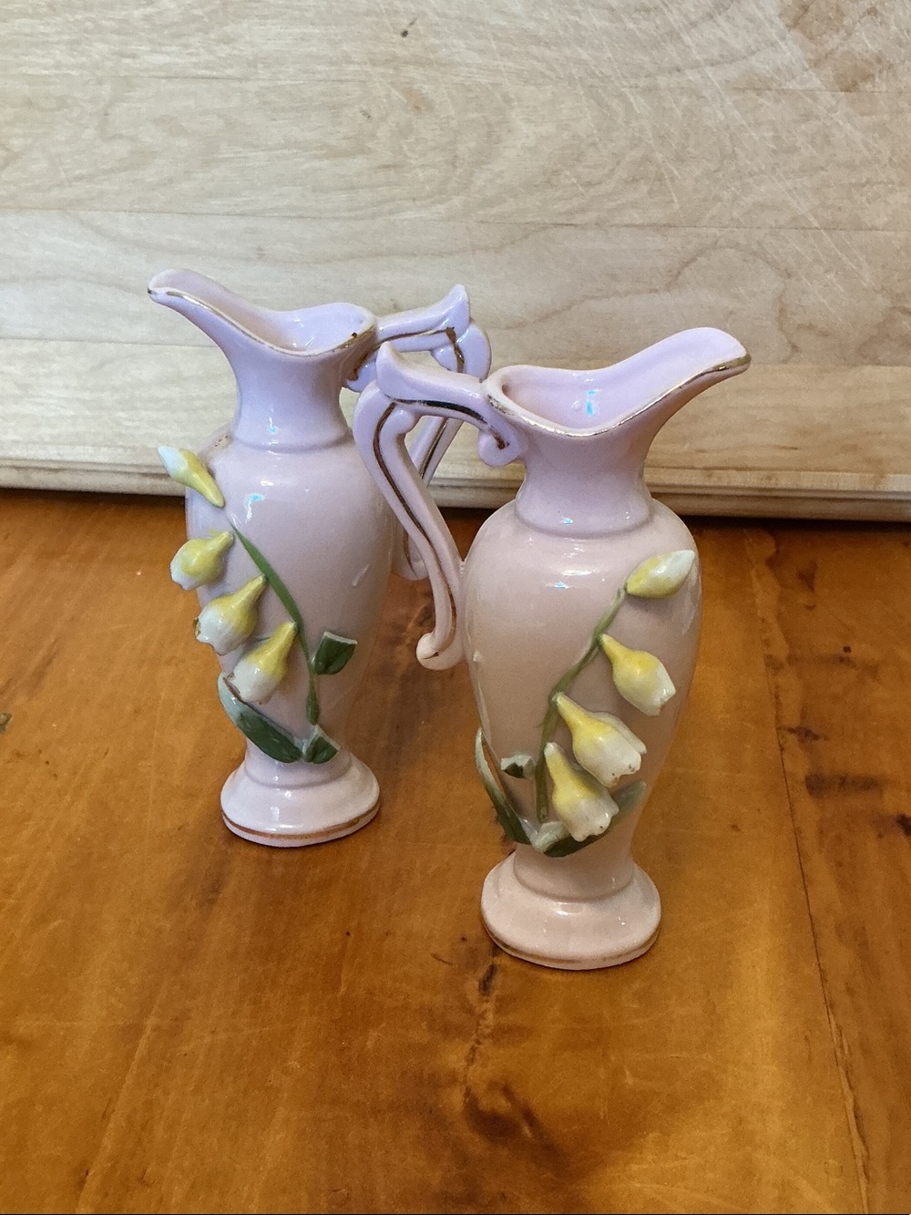Mid-Century Miniature Porcelain Pink Floral Bud Vase Pitcher Pair Japan